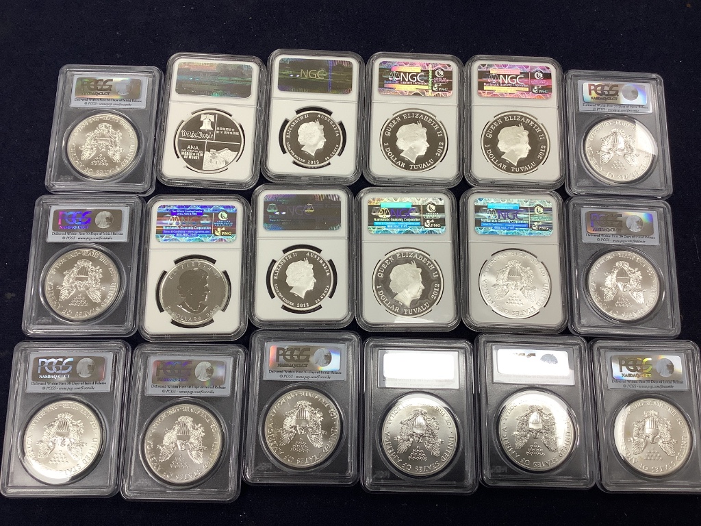 Sealed Proof coins - 20 US $1 President of America coins, all NGC rated PF 69 ultra cameo, 10 Silver Eagle $1 dollar coins, 2011 (S), PCGS rated MS70, 6 Commonwealth Proof coins, 2012, NGC rated MS69 - PF70 ultra Cameo,